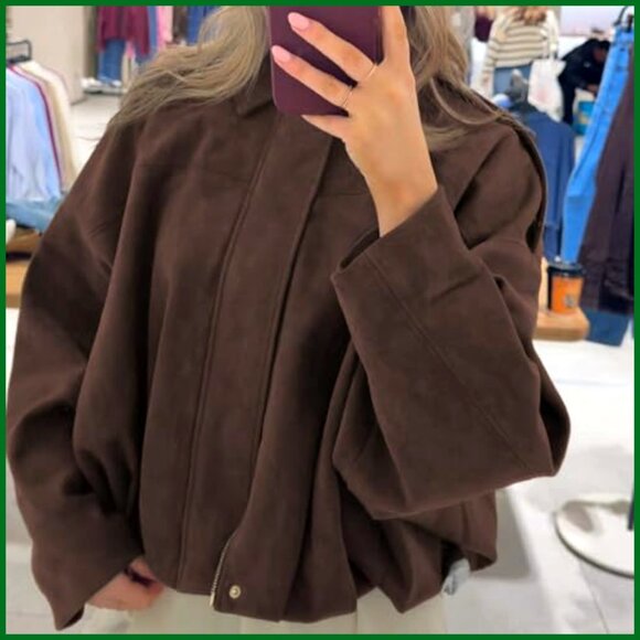 Faux Suede Bomber Jacket Lightweight Batwing Sleeve Oversized Coat - Picture 3 of 7